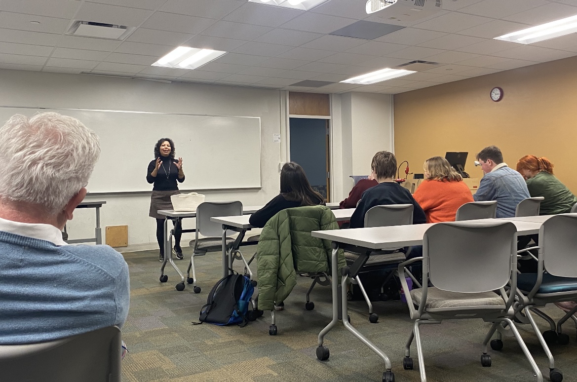 Dr. Shuchi Karim, part of the Scholars at Risk program, talks to students and staff on November 8, 2023, about her experience. 