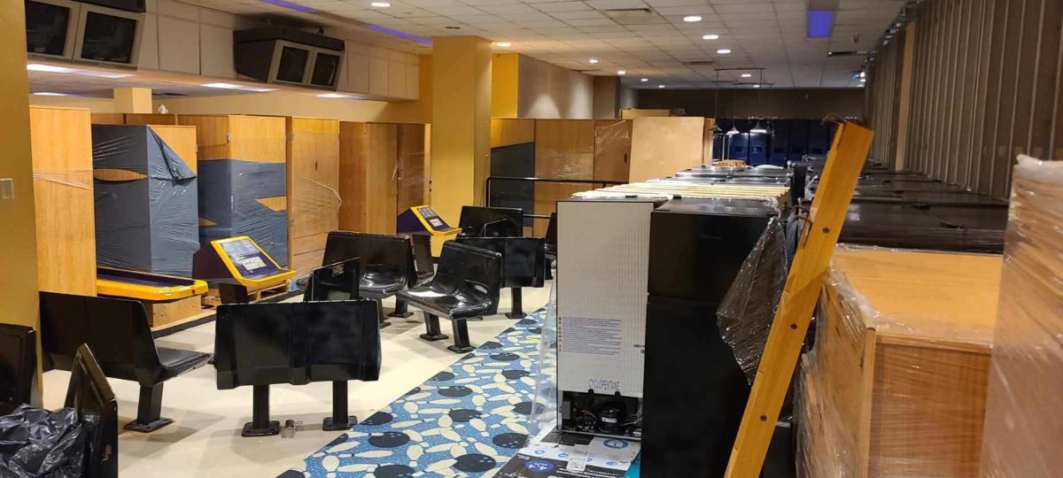 Beneath Eastway Dining Hall, furniture and equipment sits within the bowling alley on Oct. 30, 2023.