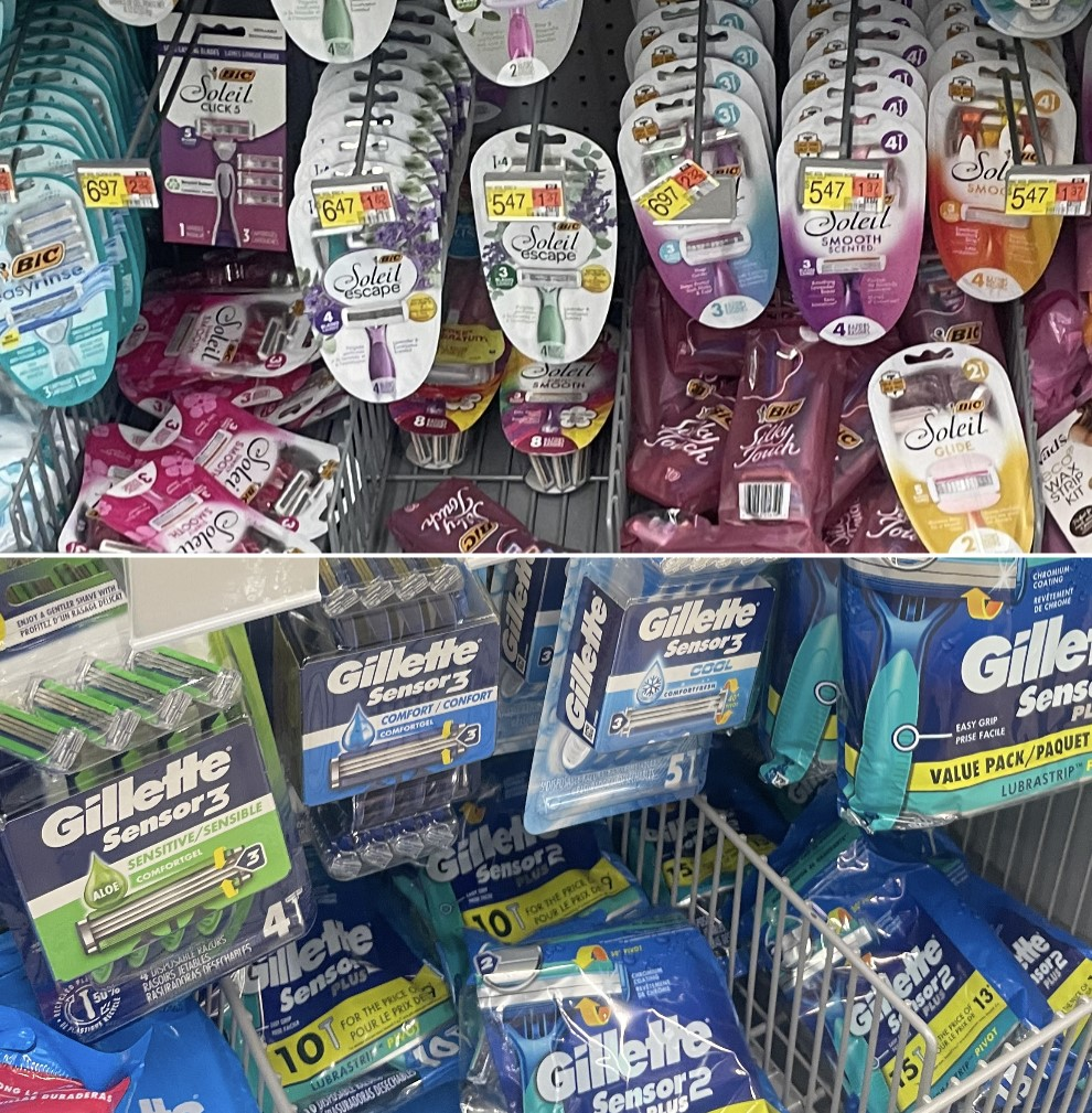 The different gender based pricing of razors at Ravenna Walmart.