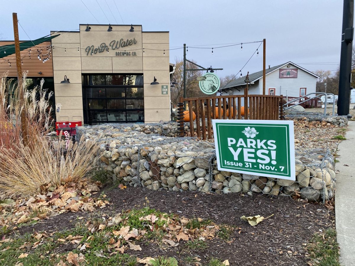 An Issue 31 sign sits outside North Water Brewing Co., where supporters, volunteers and employees of the park district held a watch party on election night. 