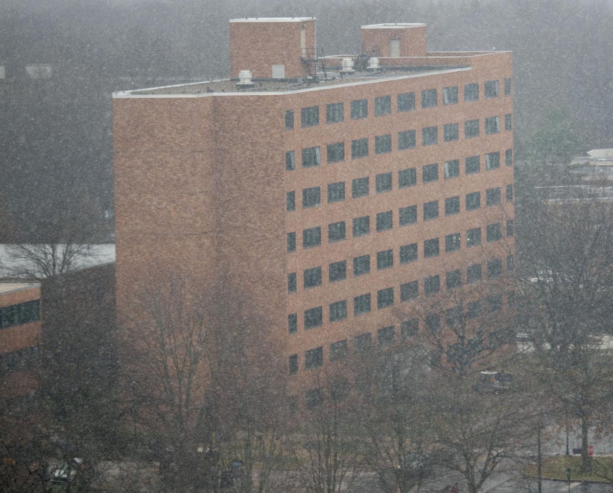 Snow falls on Beall Hall on Dec. 5, 2023.