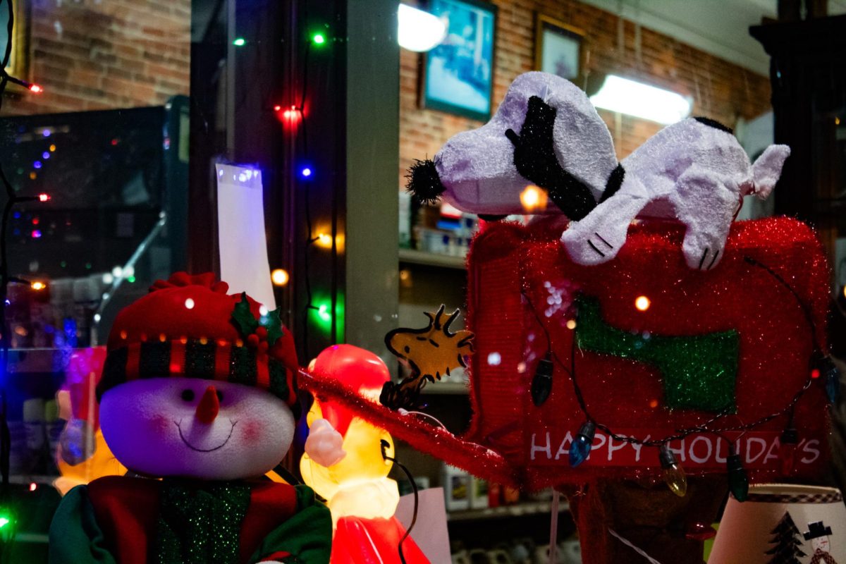 Downtown Kent celebrates the holiday season with festive light displays in store windows. 