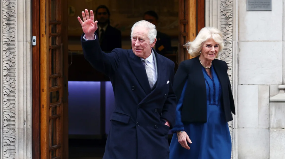 Britains King Charles III and Queen Camilla are seen leaving the London Clinic on Monday.
