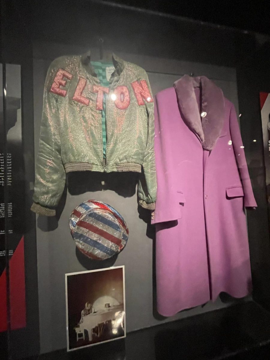 Some of Elton Johns memorabilia showcased in the Rock and Roll Hall of Fame.
