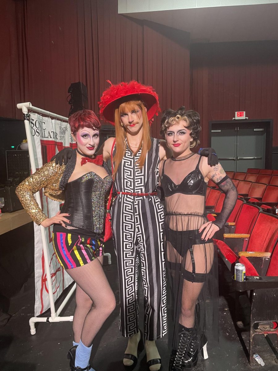 (From left to right) Rocky Horror cast members Audrey Warren, Sphrintze and Cassius perform Saturday.