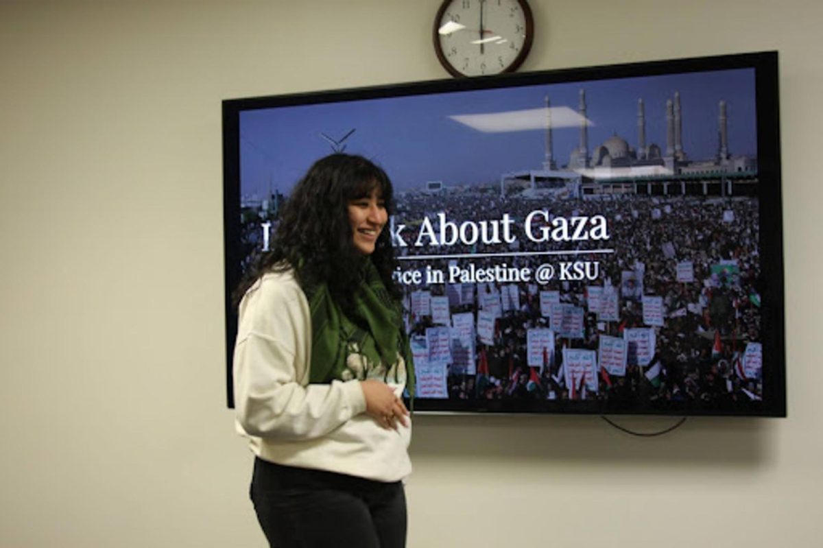 Sehar Shaikh, a Psychology alumna, kicks off the SJPs “Let’s talk about Gaza” event on Feb. 15, 2024. “As long as you have the drive, passion and empathy for the cause, you can organize for Palestine,” commented Shaikh. 