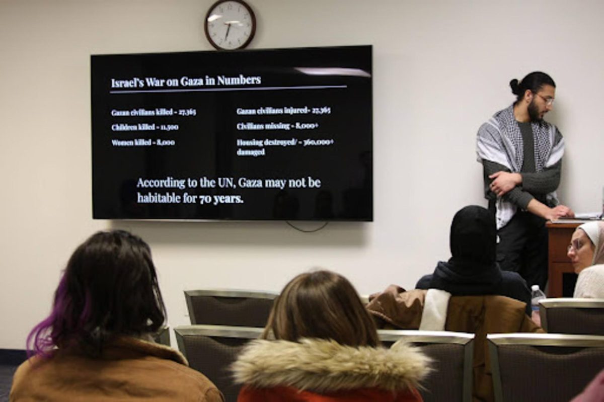 Yaseen Shaikh, President of Students for Justice in Palestine, sharing statistics from the ongoing war in Gaza at the Lets talk about Gaza event on Feb. 15, 2024.