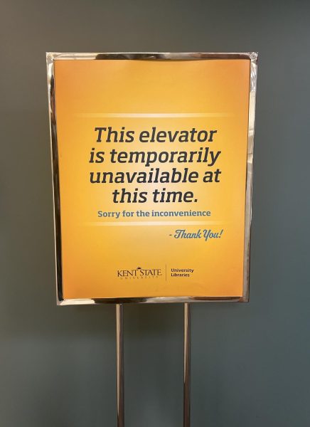 A sign outside of an elevator at the Kents campus University Libraries indicates the elevators closure on Feb. 15, 2024.