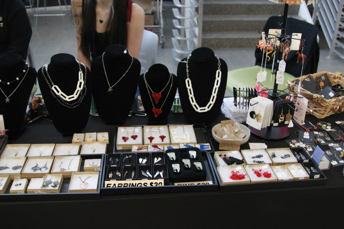 Handmade jewelry is displayed for purchase at the Kent State University Art Clubs Valentines Day sale on Feb. 9, 2024.