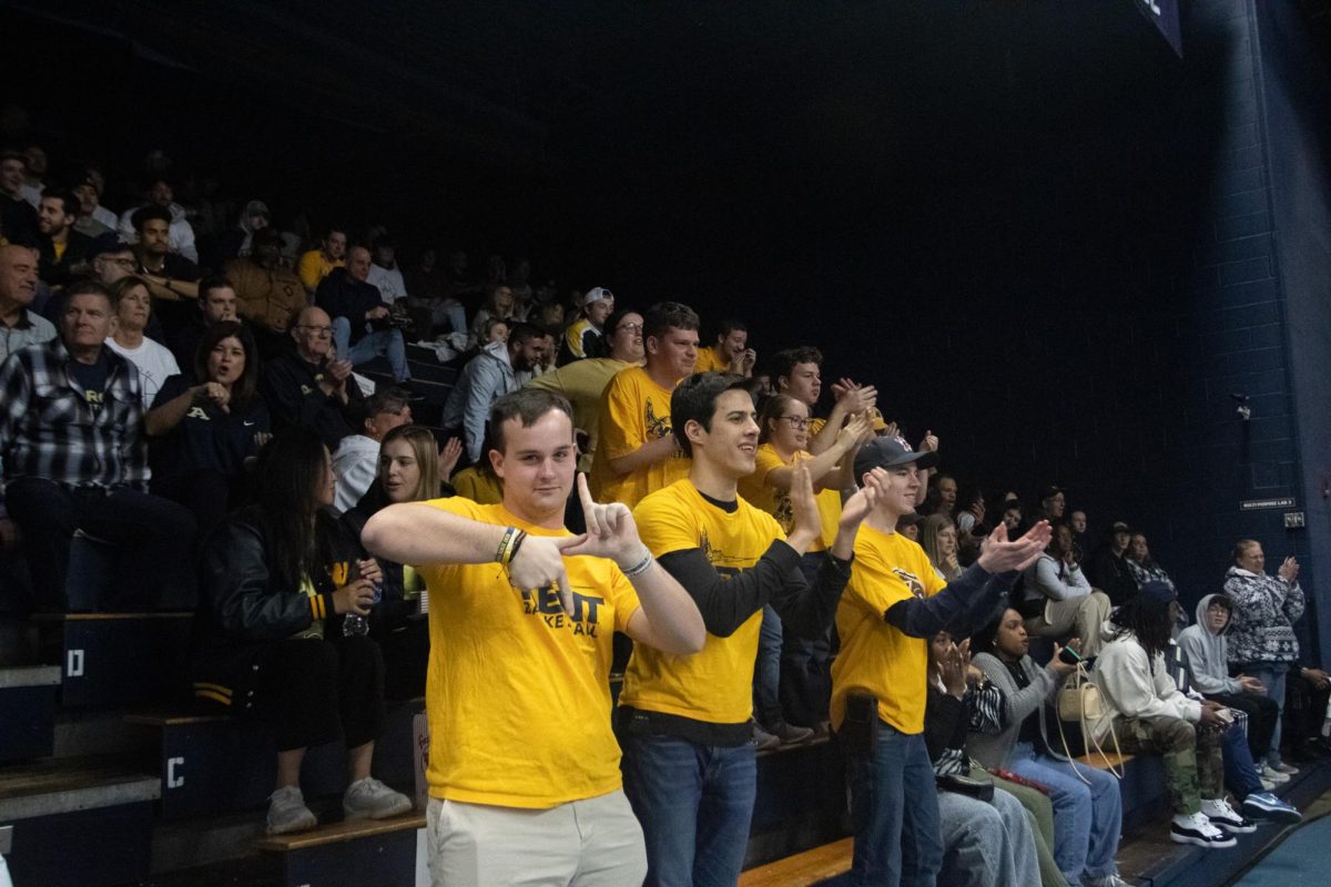 The Kent state student cheers after points are scored in the first half of the mens basketball game against Akron on February 23, 2024.