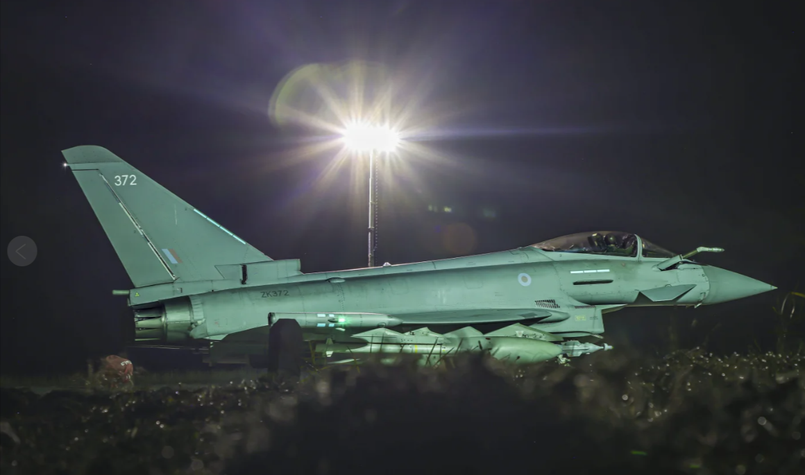 Photo issued by the Ministry of Defense (MOD) on Feb. 4, 20204 shows a  RAF Typhoon FGR4 aircraft returning to the base, following strikes against Houthi targets in Yemen. 