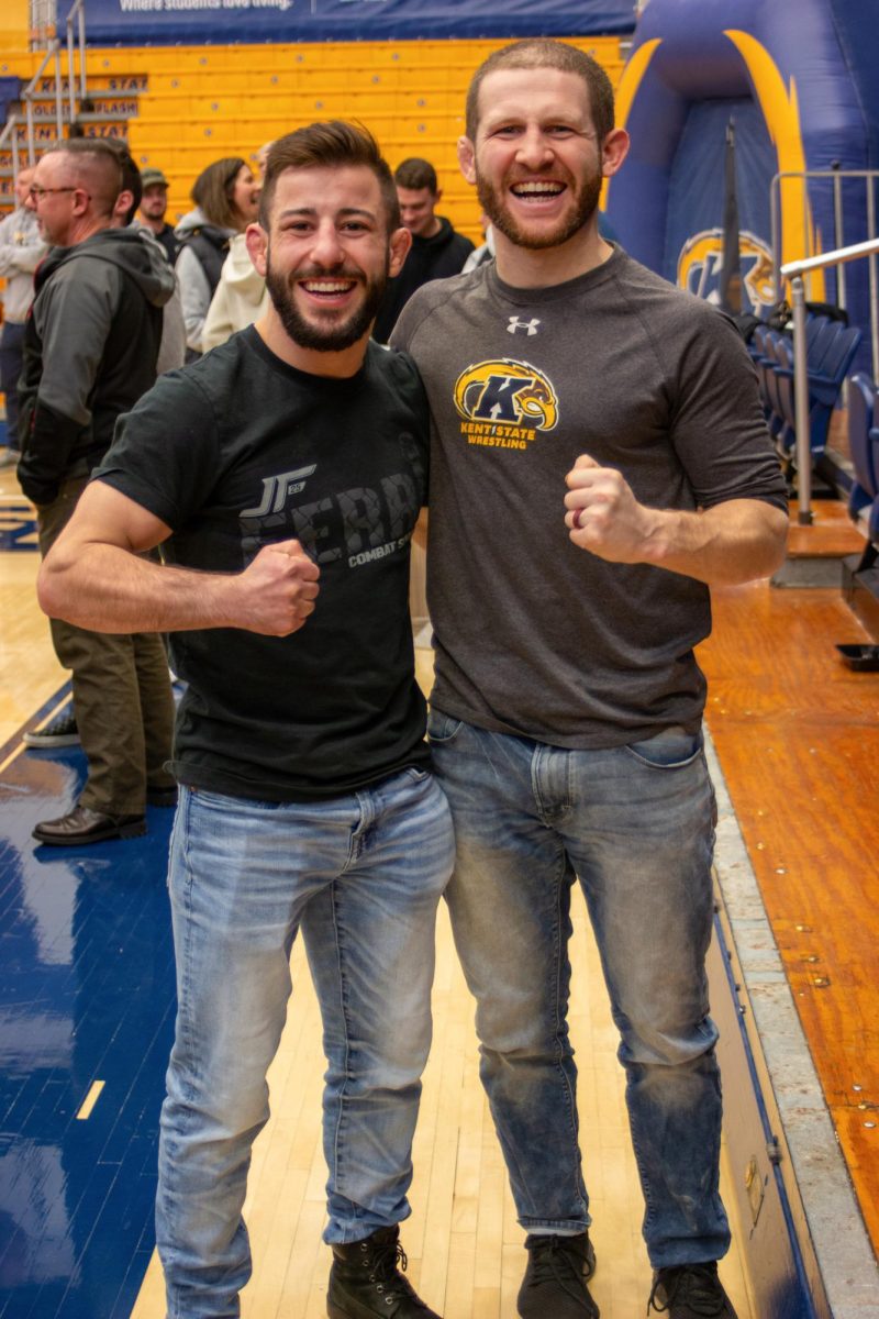 Alumni Chase Driscoll (left) and Alum Jack Ferri Right) pose together after enjoying the Kent vs. Ohio meet on Feb. 10, 2024. Both Driscoll and Ferri graduated in 2017.