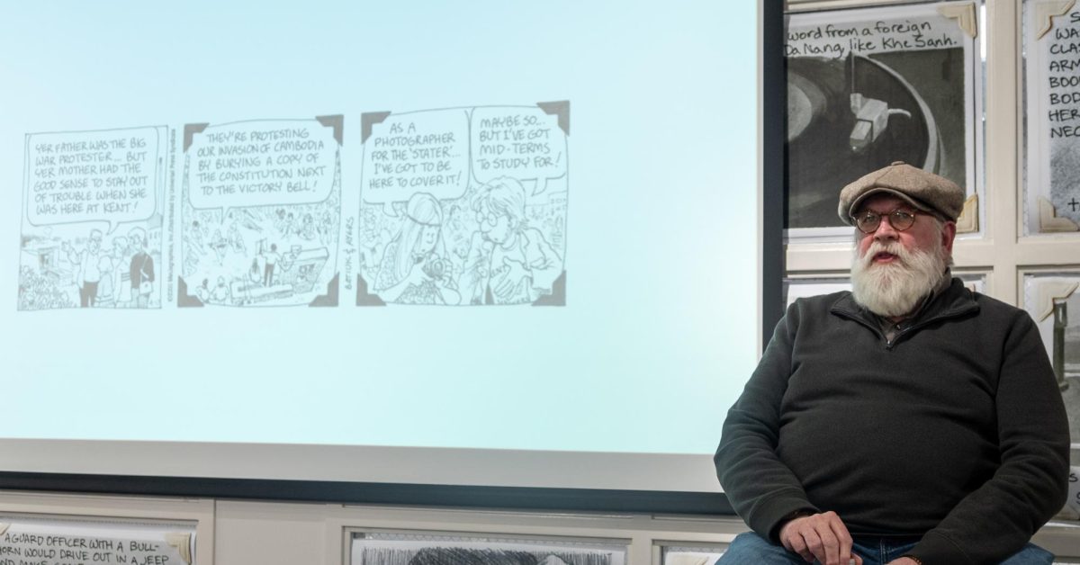 Chuck Ayers discusses the background of Pam and... (Chuck used Pam as a vessel for his experiences on May 4th) during the Opening Dialogue series, Graphic Content: Comics of May 4th, at the May 4th Visitors Center on March 20, 2024.