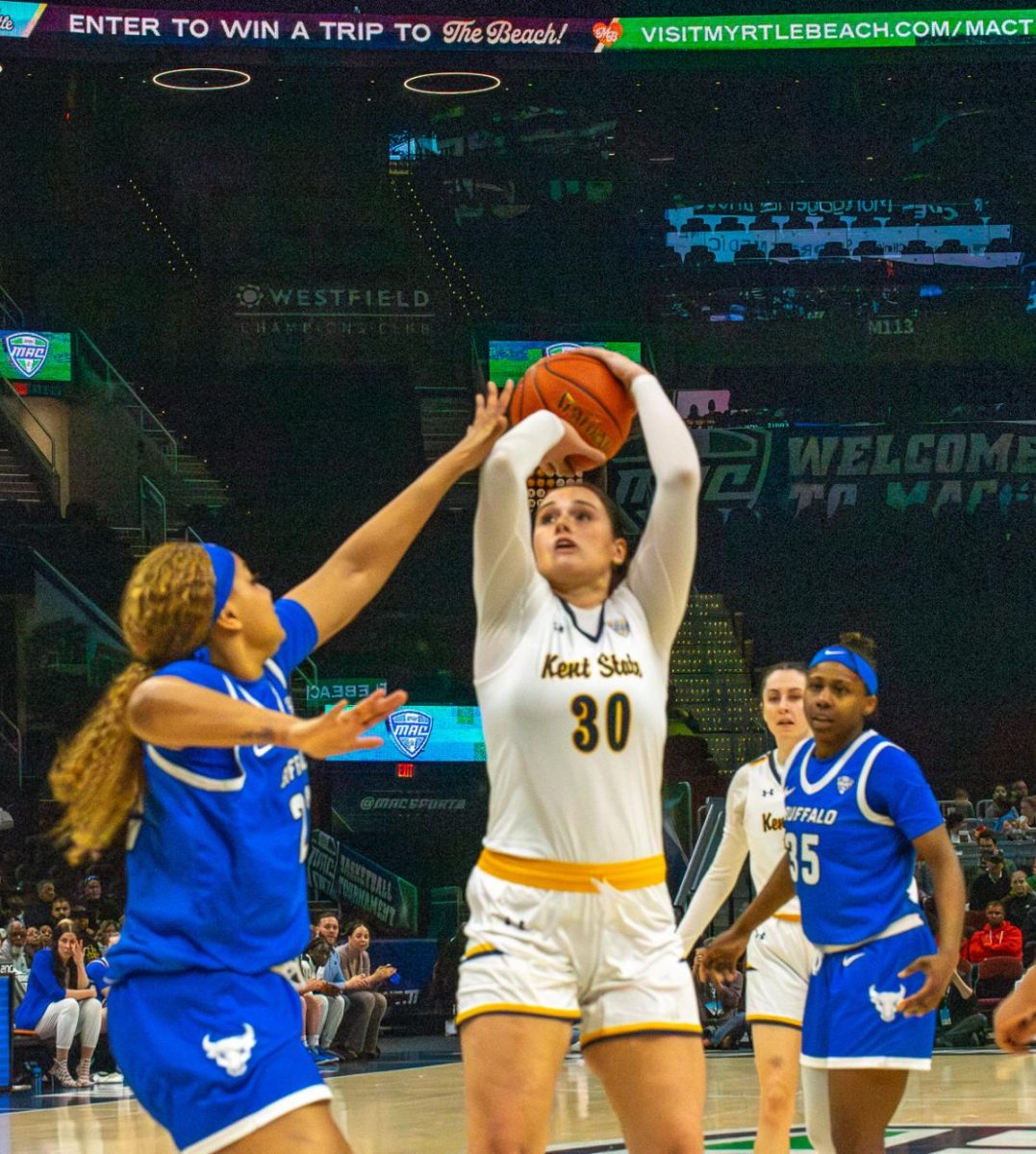 Kent State graduate student Mikala Morris gets ready to shoot a basket in the MAC Womens Basketball tournament championship game against Buffalo on Saturday, March 16, 2024. 