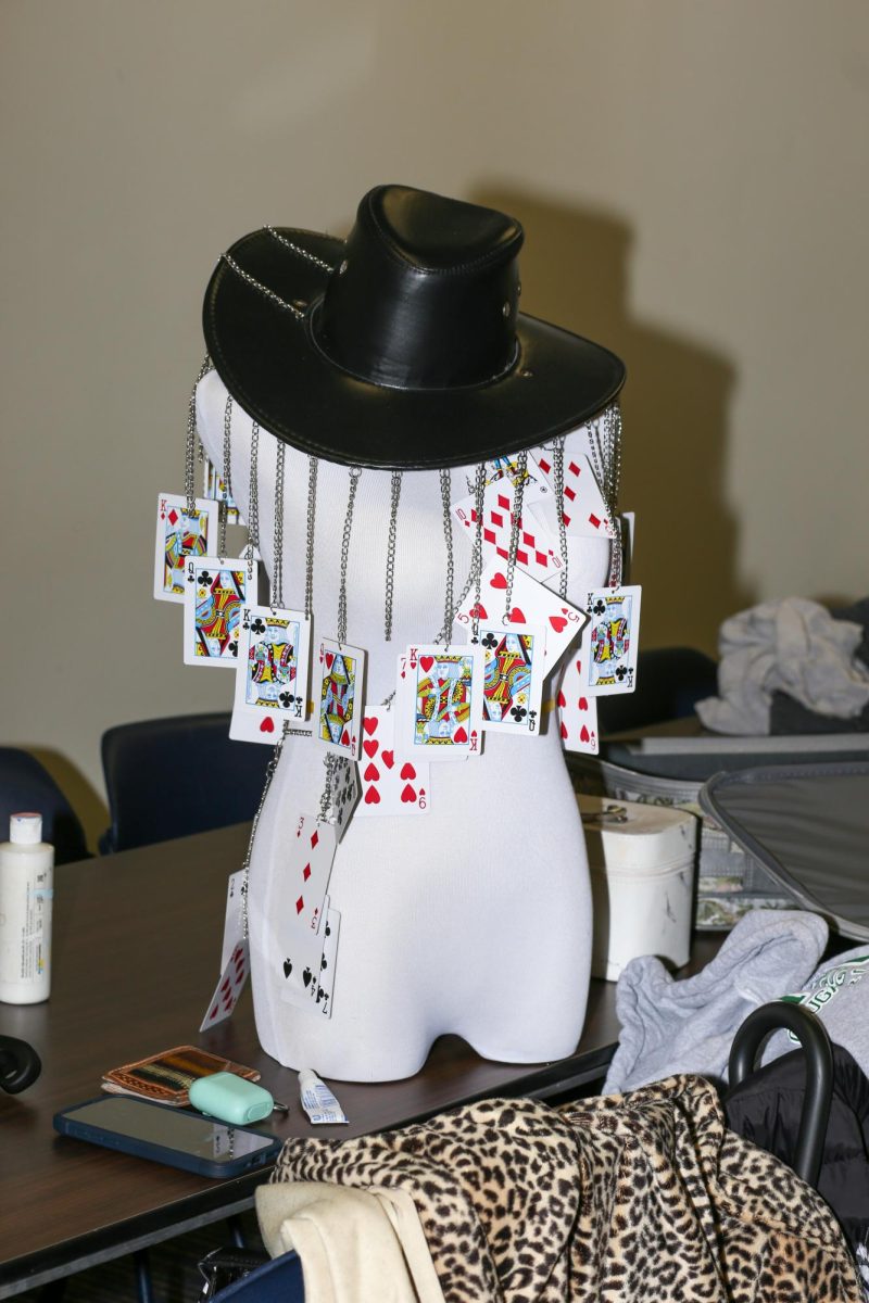 A hat designed by a Kent State fashion student sits on display in the Fabric Pantry model dressing room on March 9, 2024.