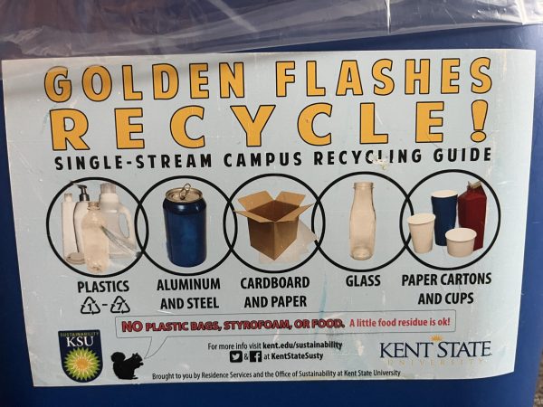 A sign on a bin shares details about the university’s recycling system. 