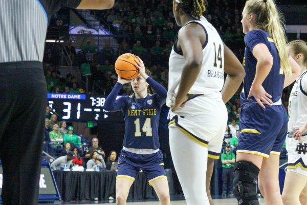 Senior Katie Shumate shooting a free throw against the University of Notre Dame on March 23, 2024.