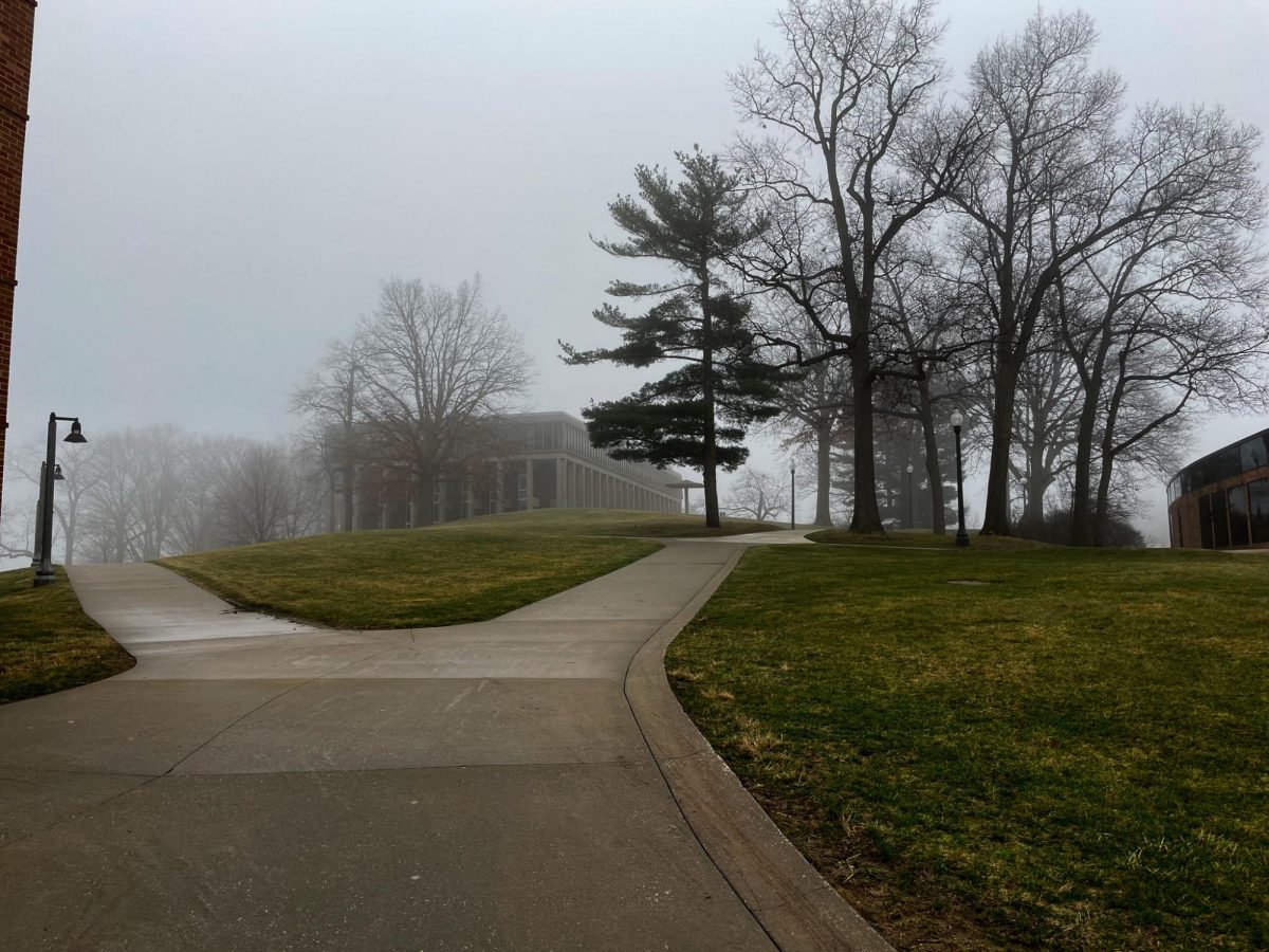 Taylor Hall sits in the fog on the morning of March 6, 2024.