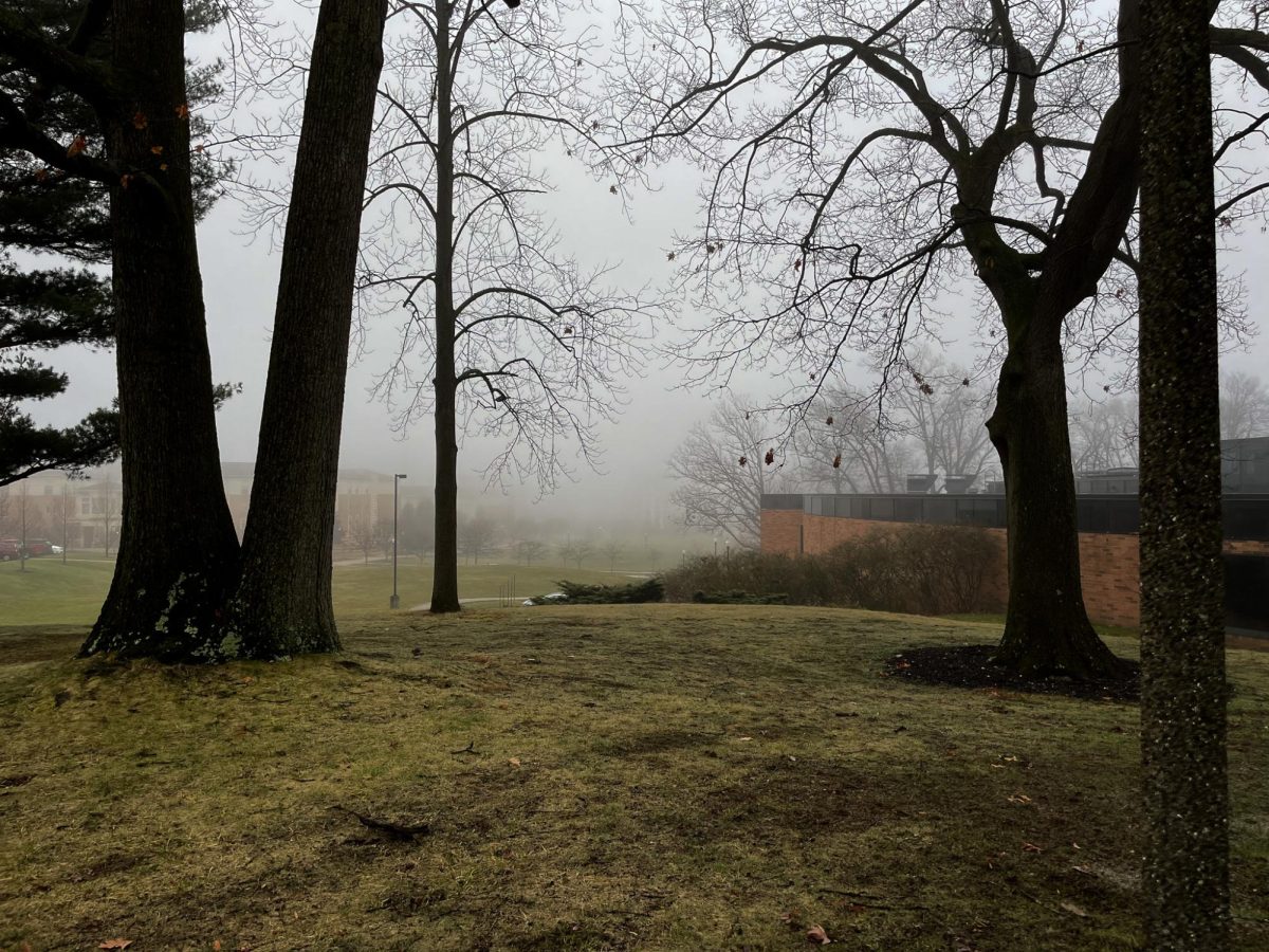 Morning fog hides Tri-Towers and the Centennial Court dorms from sight on March 6, 2024.