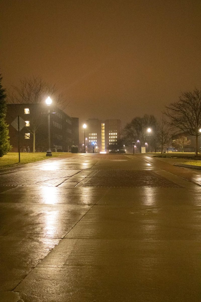 Light pollution from buildings located at Kent State University causes an orange haze over the the Kent State University Library on March 5, 2024. 
