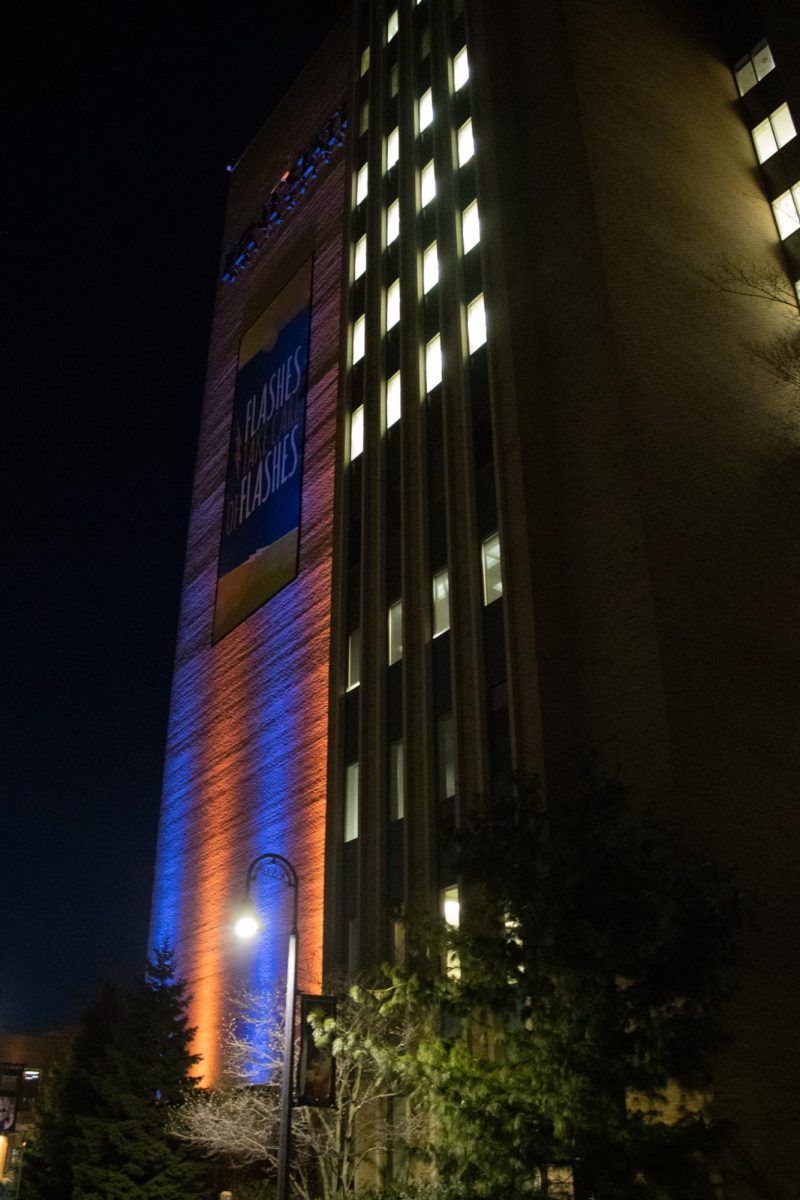 Blue and gold lights wash over the Kent State University Library on March 4, 2024.