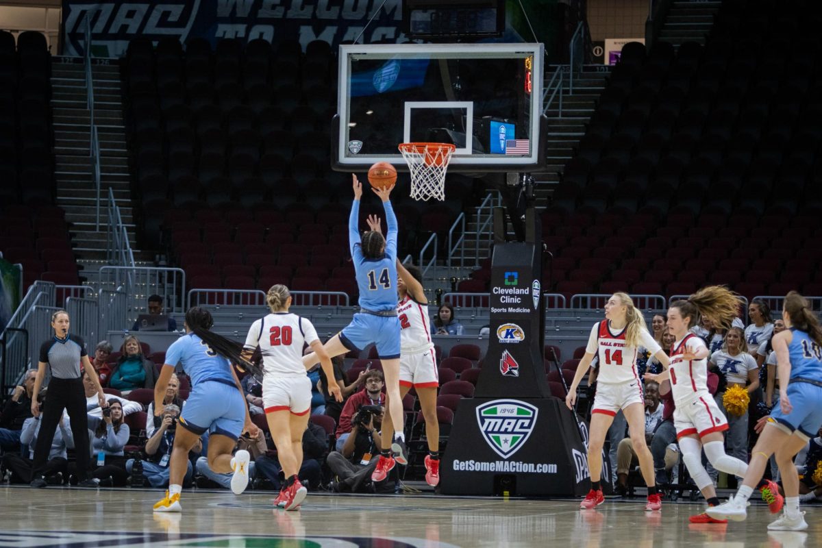 Redshirt senior guard Katie Shumate goes to shoot the ball in the Mid-American Conference semifinal game against Ball State March 15, 2024.