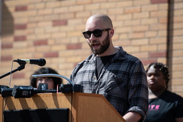 Paul Prediger, formerly known as Gaige Grosskreutz, speaks during a press conference outside Oscar Ritchie Hall April 16, 2024. Prediger was shot by Kyle Rittenhouse during a protest in 2020.