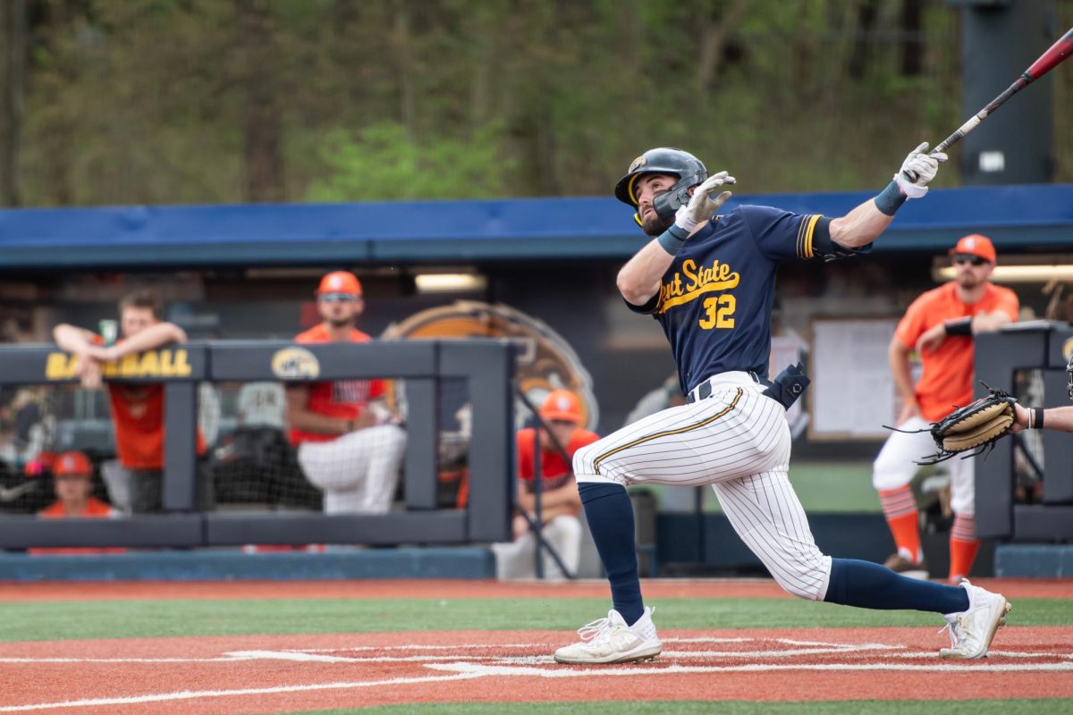 Redshirt senior Josh Johnson watches the ball fly out of the park during the game against Bowling Green on April 28, 2024.