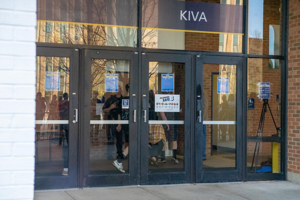 Security for The Rittenhouse Recap had people walk through the back entrance of the student center and walk down stairs to get into the KIVA April 16, 2024. 