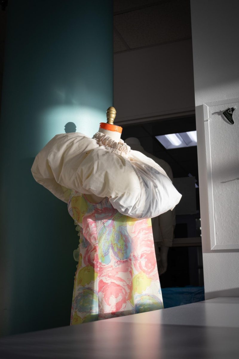 A garment is on display on a mannequin in a classroom in Rockwell on April 18, 2024.