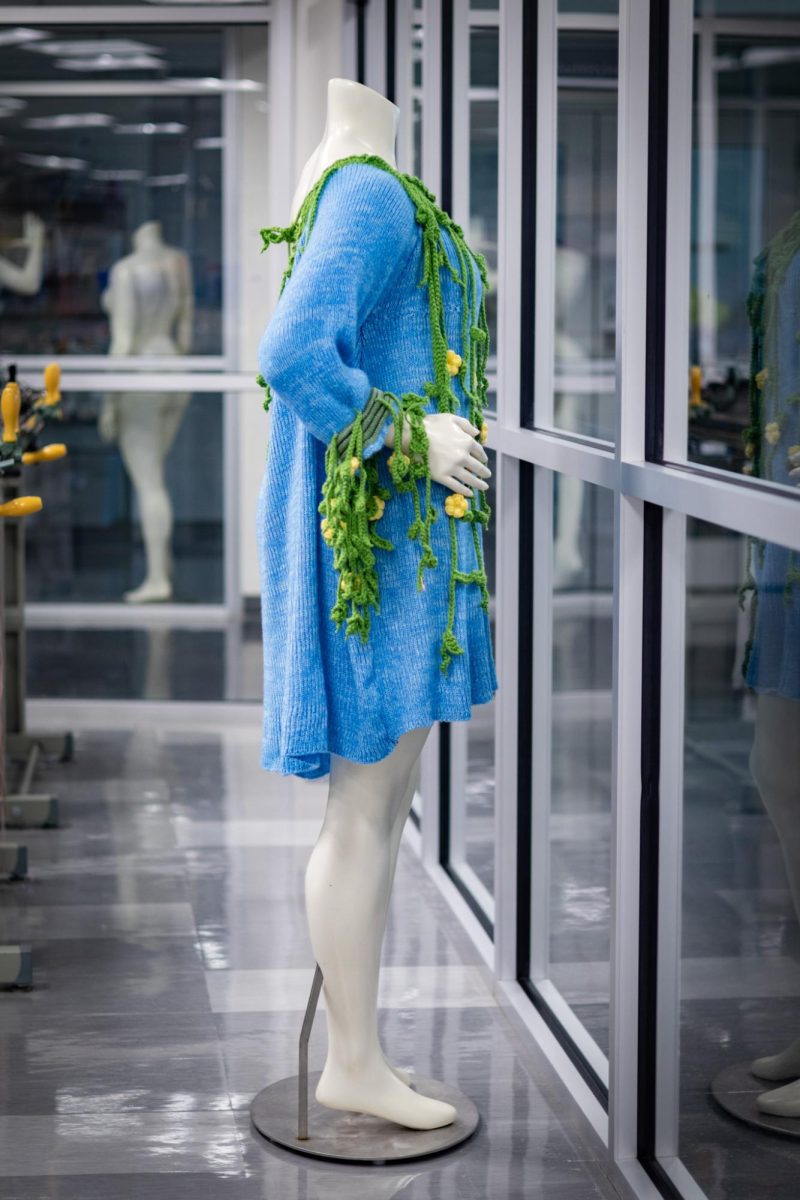 A garment designed and knitted by Allison Connet, Kent State sophomore, is on dislpay in Rockwell on April 18, 2024.
