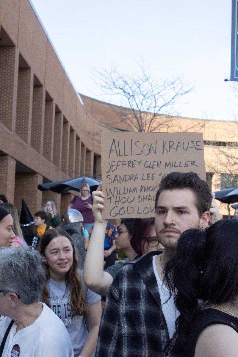 A crowd of protestors of The Rittenhouse Recap talk on April 16, 2024 at Kent State University.