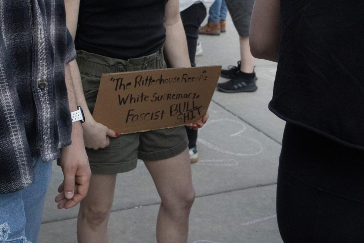A sign at the protest on April 16, 2024 at Kent State Universitys campus against Kyle Rittenhouses appearance. 