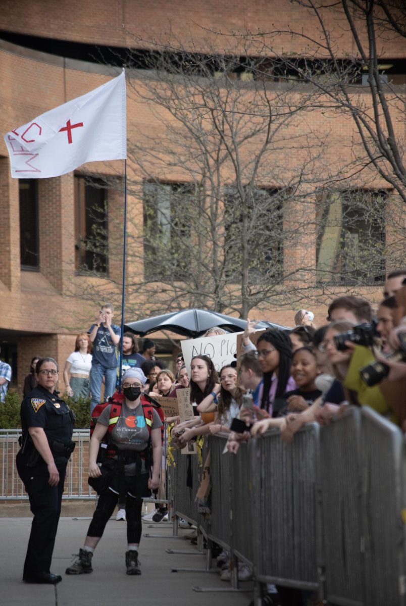 Protesters line fences at The Kyle Rittenhouse Recap event April 16, 2024. 