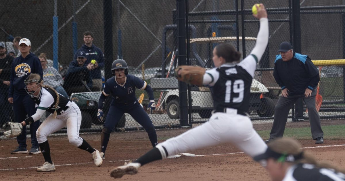 Graduate student Alexandria Whitmore looks to break for home on the Skipp Miller pitch during the Golden Flashes 7-1 loss to the Bobcats in Game 1 on April 2, 2024.