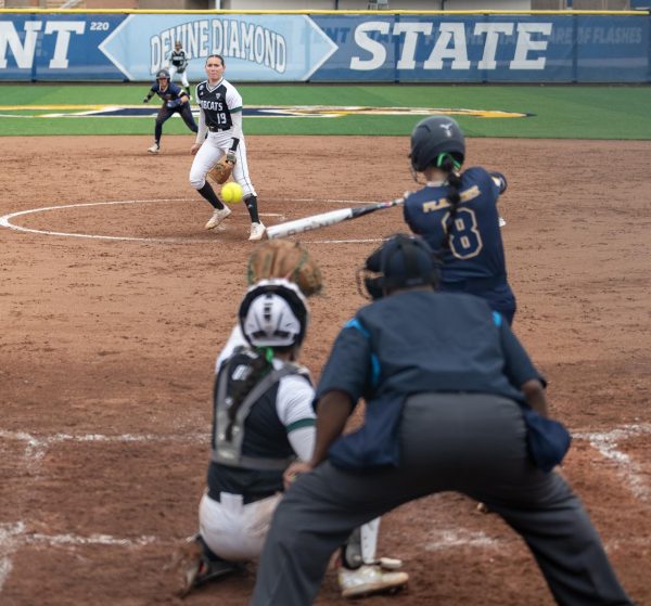 Sophomore Carley Penner at second base. With the Golden Flashes trailing and two outs, graduate student Alexandria Whitmore will send this Skipp Miller pitch skipping off the shortstop during the Golden Flashes 7-1 loss to the Bobcats in Game 1 on April 2, 2024. Miller would escape the first and third with two out situation.