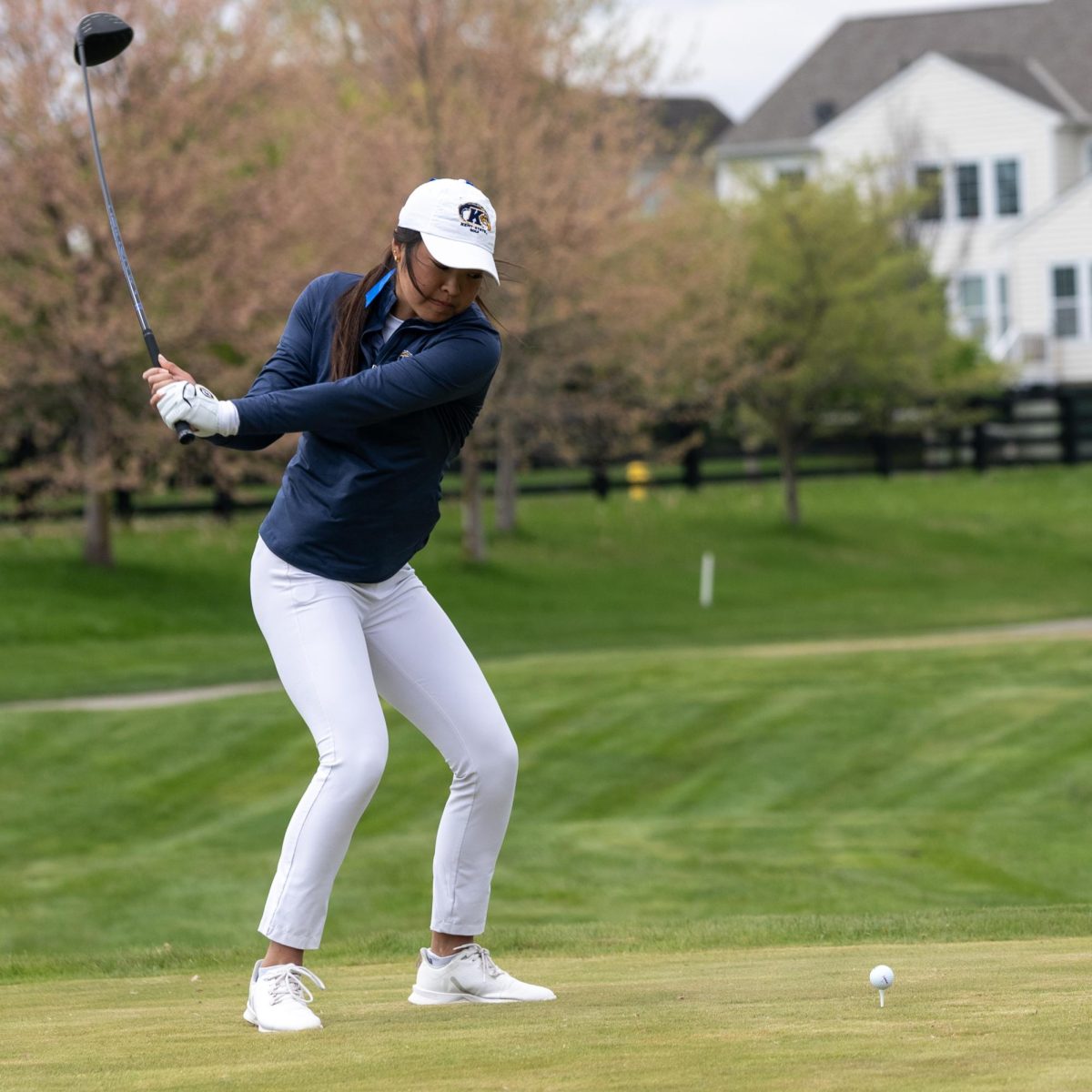 Junior Jennifer Gu takes her first drive off the tee at the ninth hole at the final round of the Mid-American Conference Championships in Grove City, OH, on April 24, 2024.