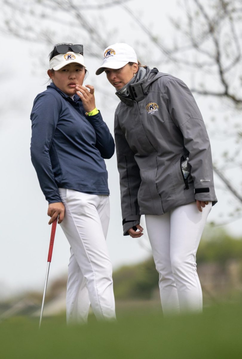 Sophomore Leon Takagi surveys the next shot with Assistant Coach Manuela Carbajo Ré during the final round of the Mid-American Conference Womens Golf Championships in Grove City, OH on April 24, 2024.