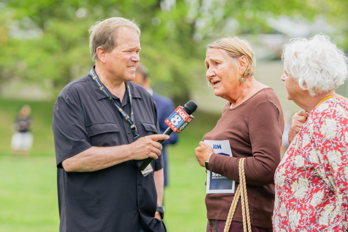 Fox 8 News Reporter David Nethers (Left) interviews Barbara Opatry (Middle) and Peg Cleary (Right) at the May 4th Commemoration on May 4, 2024.