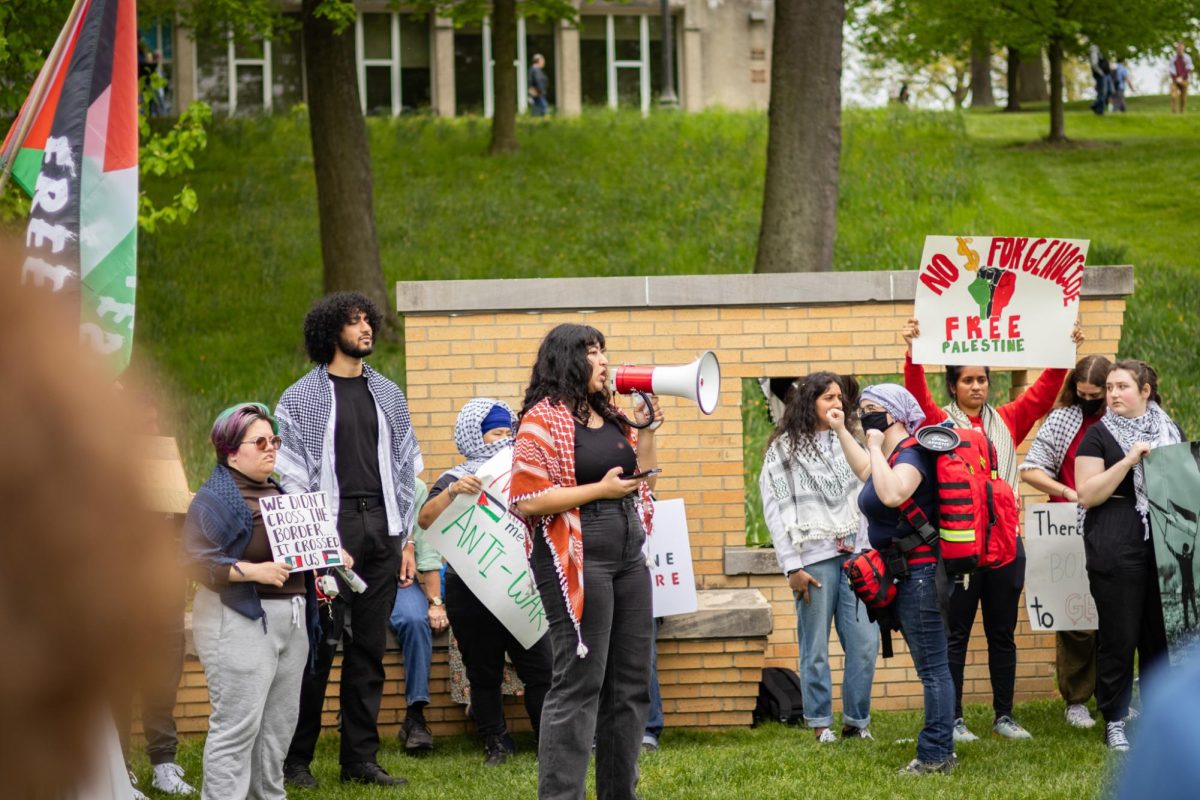 Sehar Shaikh leads a protest group in a cheer on May 4, 2024.