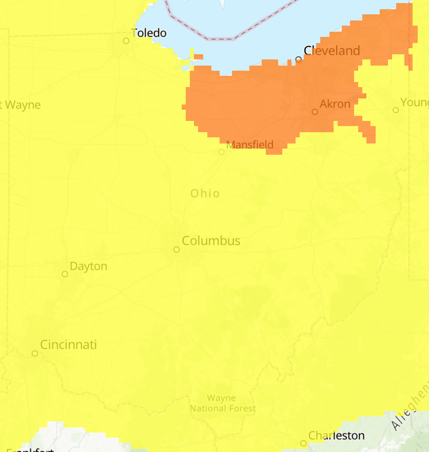 Poor air quality has been monitored across Ohio. Orange indicates the air is unhealthy for sensitive groups. -- Courtesy of Airnow.gov.
