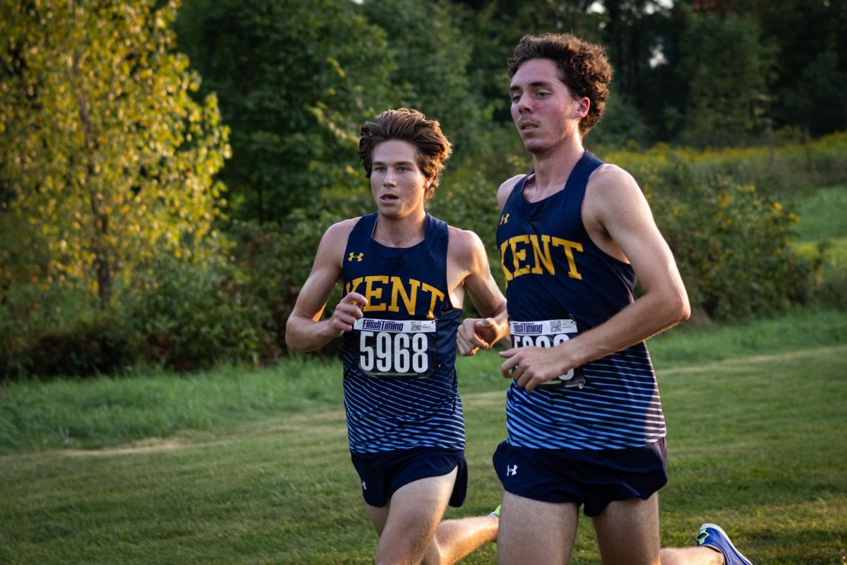 Rylan Winkler(left) and Jacob Mirabell(right) run together during a cross country meet. They will finish 46th and 43rd respectively on August 30, 2024 