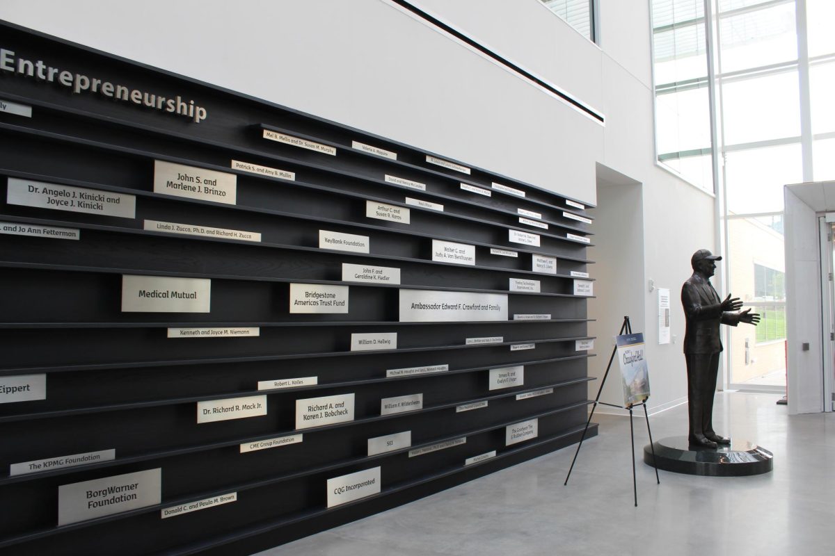 A wall bearing the names of donors who helped fund the Crawford Hall construction stands near the entrance to the building.