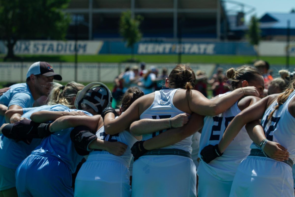 The Kent State Field Hockey team huddled up during halftime during a game against the Liberty Flames, Sept. 1, 2024.