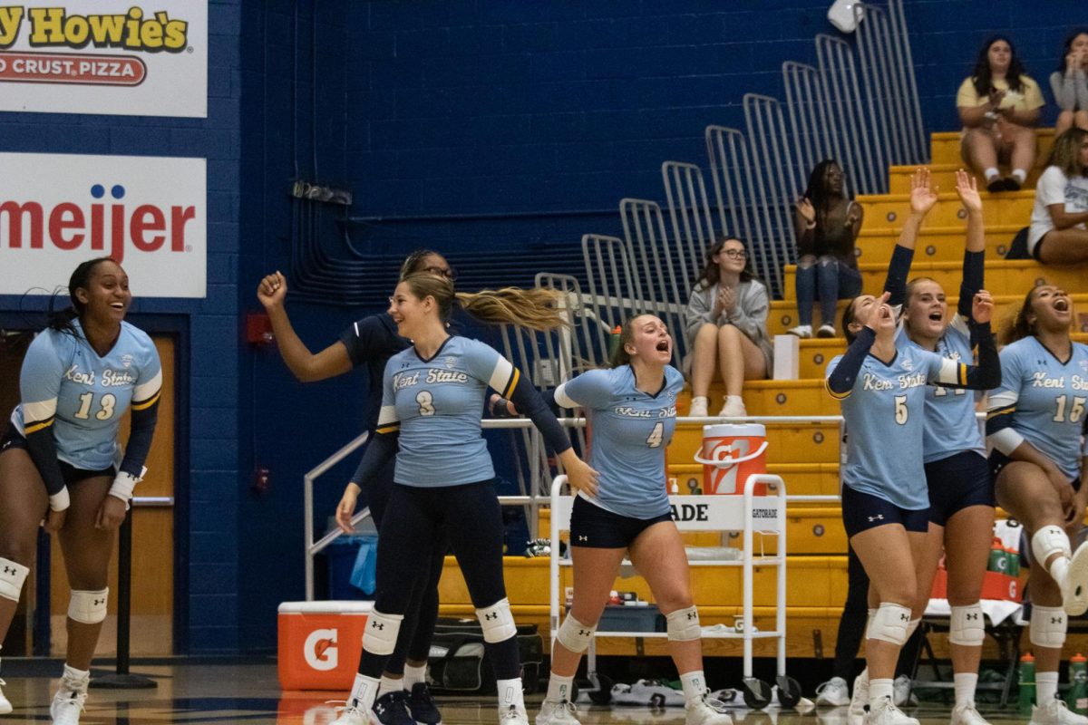 The Kent State Women's Volleyball team cheer after a point is earned in the match against Cleveland State University on Sep. 19, 2024.