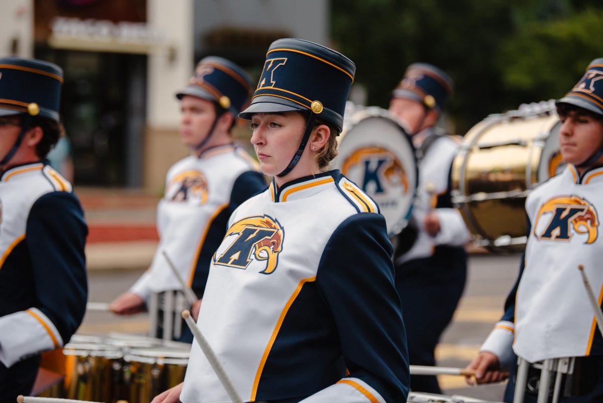 Kent State Marching Band preformed while walking in the Homecoming parade, Sept. 28, 2024.