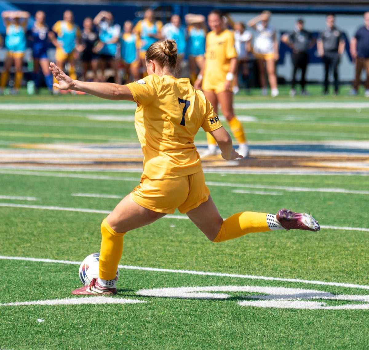 Kent State senior and midfielder, Siena Stambolich makes an attempt on the goal during the first half of the game against Ball State, Sept. 22, 2024.