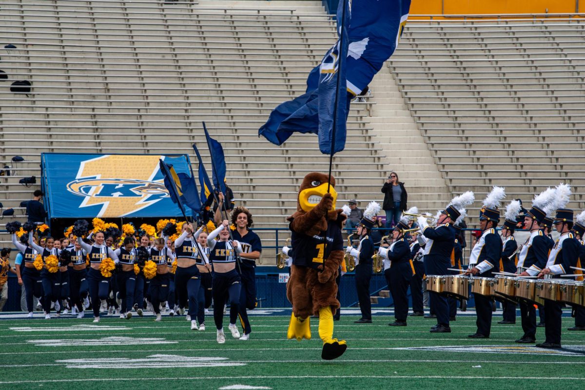 Flash leads the Kent State Football team onto the field during the game against St. Francis on Sept. 7, 2024.