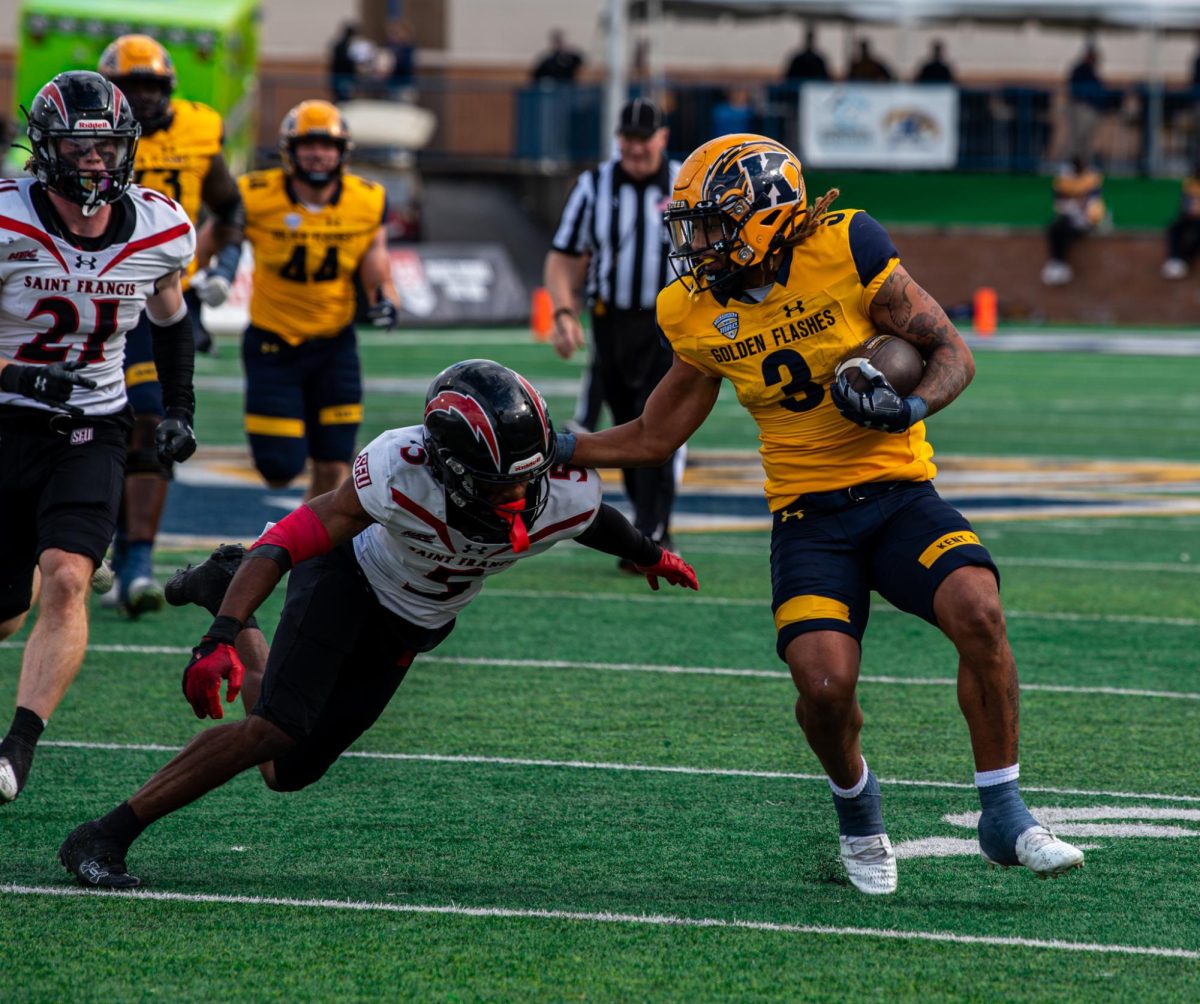 Kent State Senior Ky Thomas defends the ball during the third quarter against Saint Francis University Sept. 7, 2024.