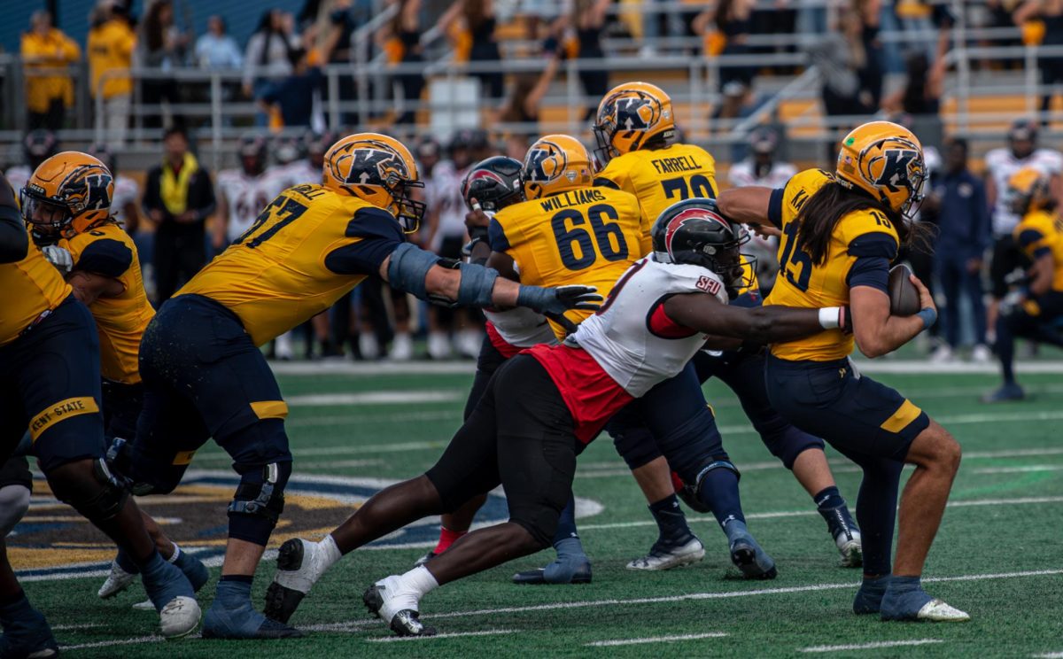 St. Francis Redshirt Junior Paul Tangelo sacks Kent State Junior Devin Kargman during the first quarter of the game against Saint Francis University on Sept. 7, 2024.